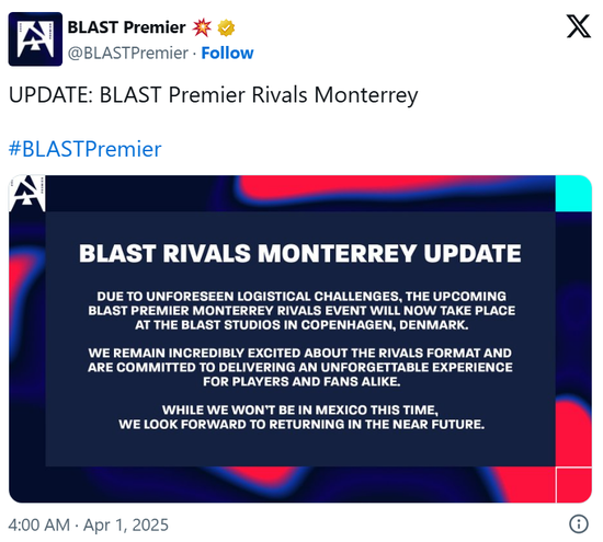 BLAST：巅峰赛由墨西哥搬至哥本哈根